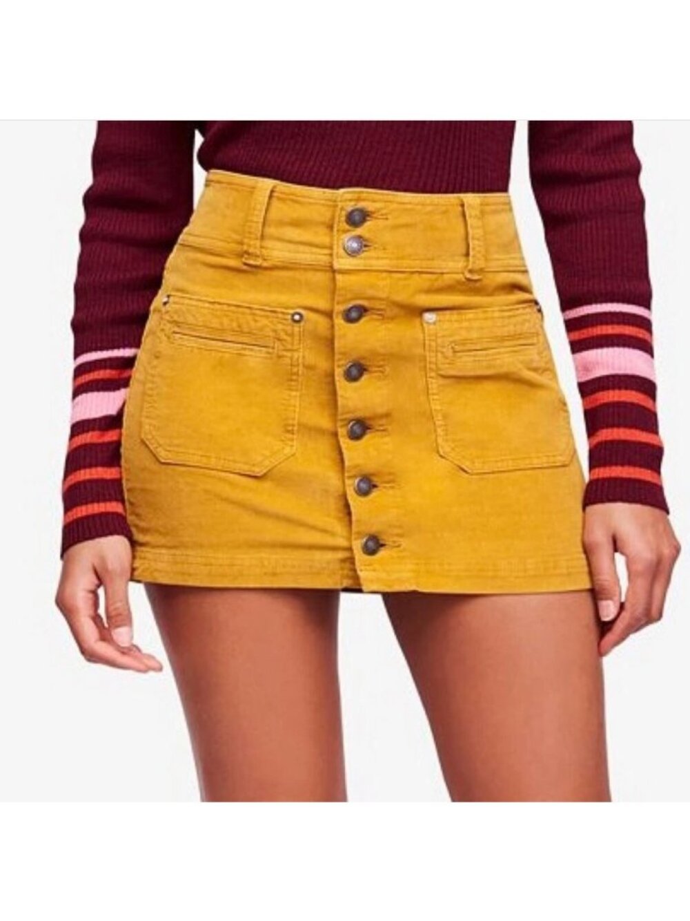 We The Free People Women's Corduroy Mini Skirt 31 Joanie Mustard Button Front